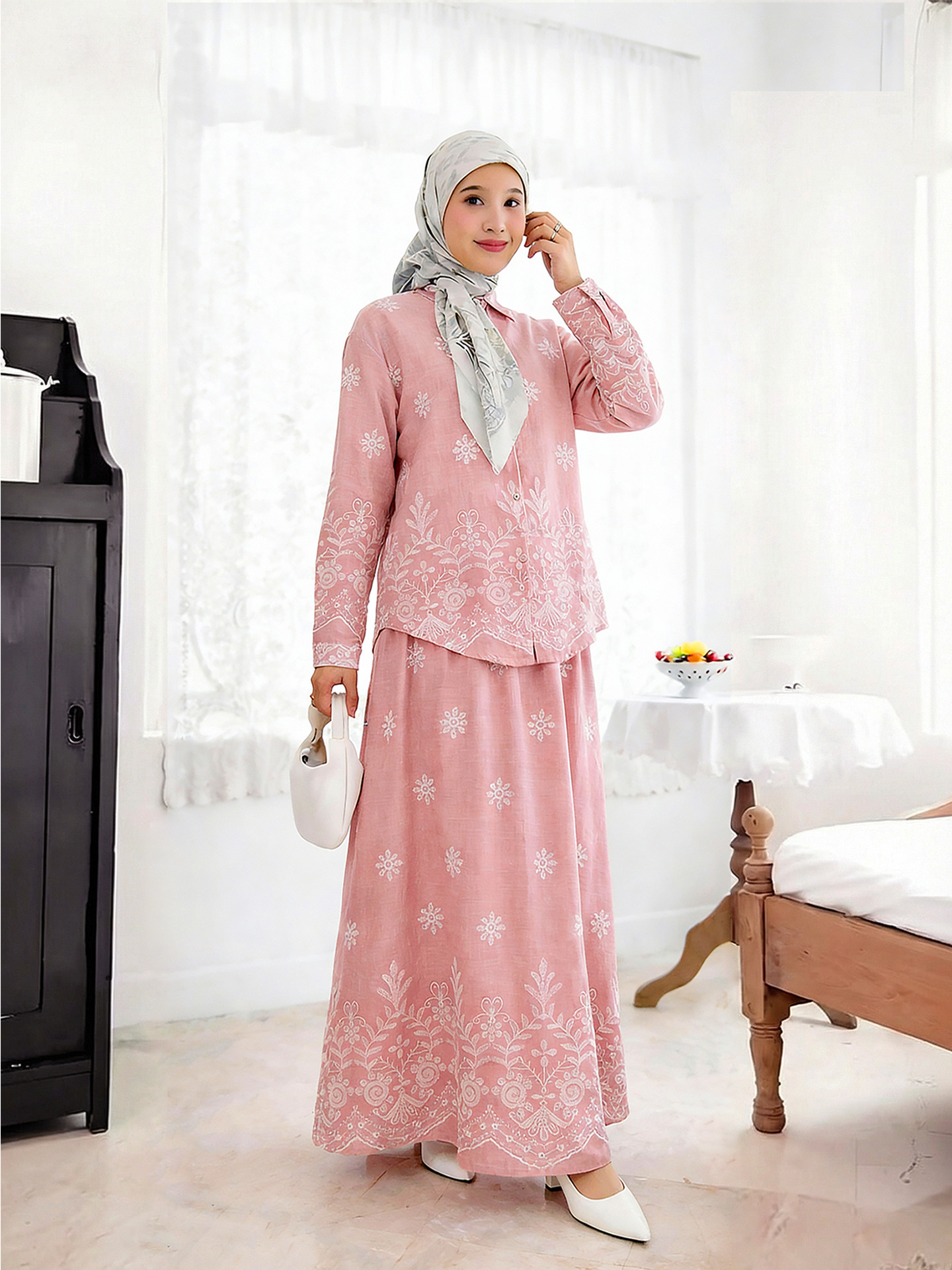 Women Print Blouse Long Skirt 2 Piece Set Muslim Button Blusa Jalabiya Ramadan Dubai Arab Long Spring - detail 10
