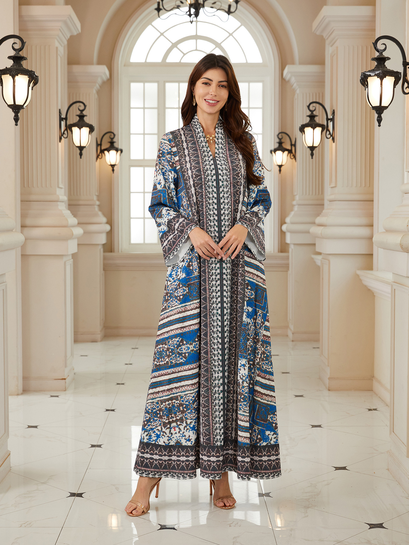 Luxury Muslim Women’s Long Sleeve Dress  Rhinestone & Water Diamond Print  Worldwide Viral Fashion Trend - detail 4