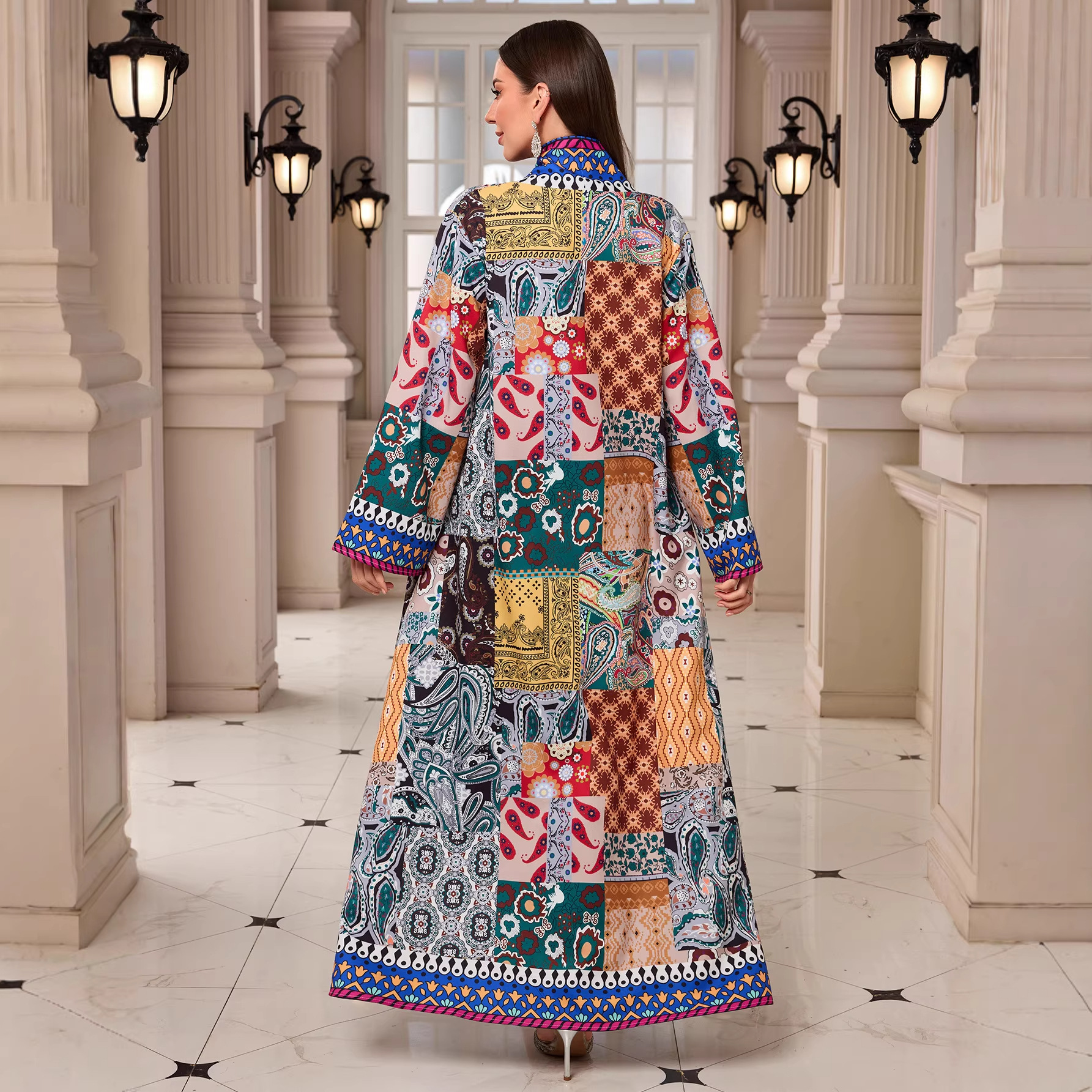 Ramadan Middle East Muslim New Ethnic Print Long Outer Wrap Robe Long Sleeve V-Neck Rhinestone Dress for Daily Wear - detail 3